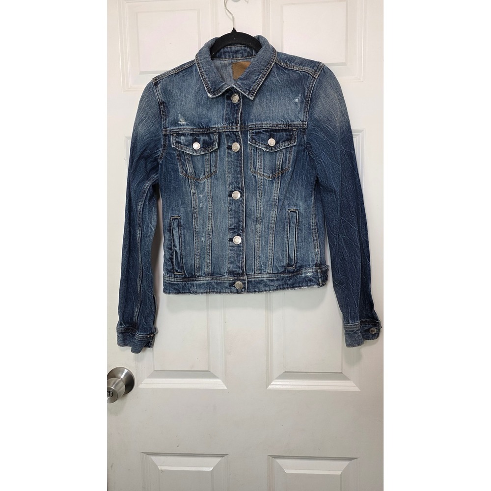 American Eagle Denim Jacket Womens Small Blue Distressed Cotton Trucker Coat